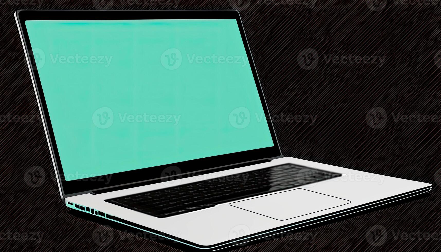 Laptop or Notebook Computer mockup, Online advertising, Internet technology. Side View of Stylish Laptop With Blank Pastel Green Screen on Wooden Background. Illustration. photo