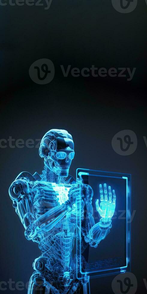 AI, Machine Learning, Robot Hand Touch On Virtual Screen Big Data Network Connection Background, Science And Technology Artificial Intelligence, Innovation And Future. Banner Design with Copy Space. photo