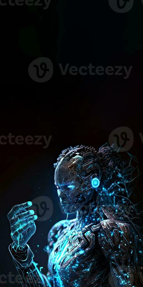 A Female Cyborg 3D illustration with Dramatic Futuristic Blue Lighting in an Action Position. Standee Banner Design with Copy Space. Generative AI. photo