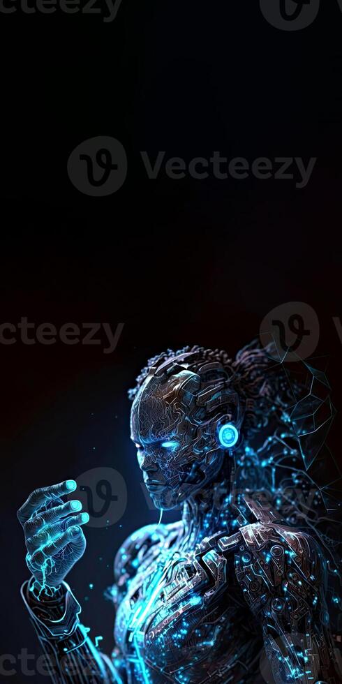 A Female Cyborg 3D illustration with Dramatic Futuristic Blue Lighting in an Action Position. Standee Banner Design with Copy Space. . photo