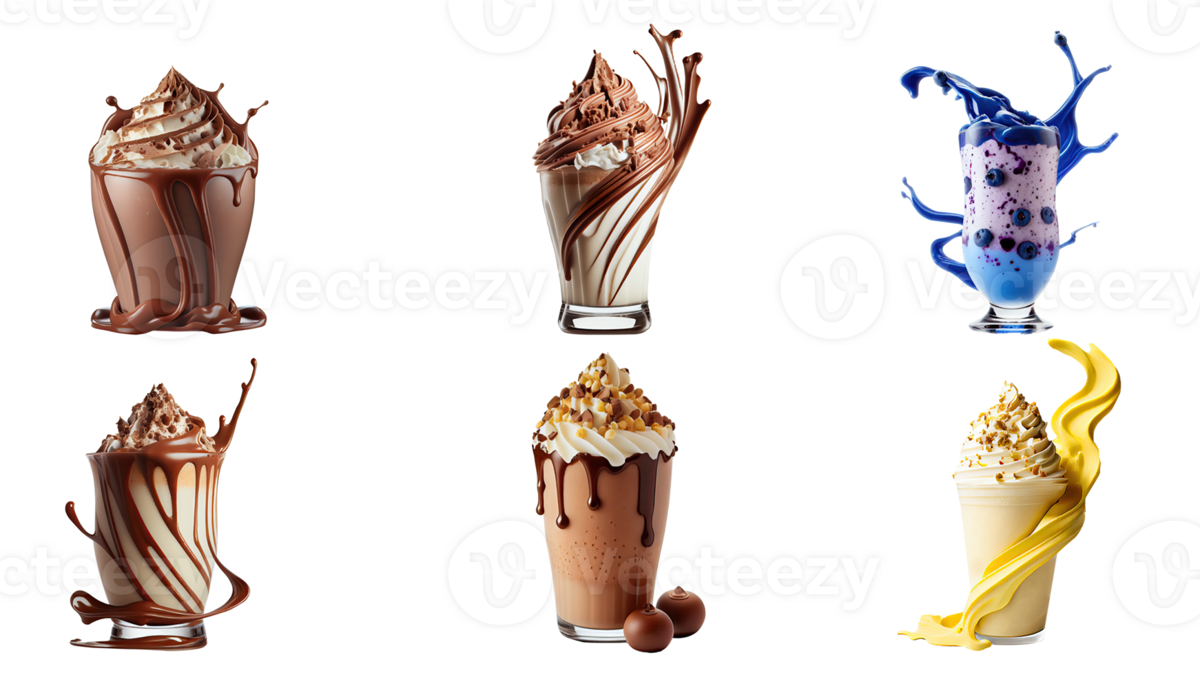 vario gusto shake bicchieri con spruzzo onde su bianca sfondo. 3d resa. png