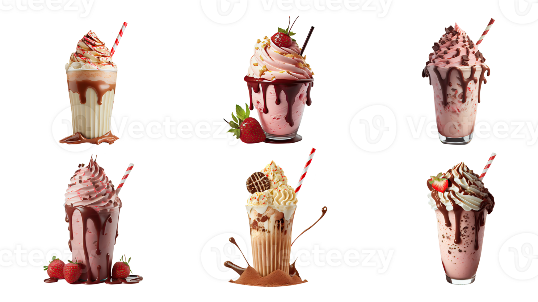 Various Flavor of Delicious Shake Glasses With Straw Elements. 3D Rendering. png