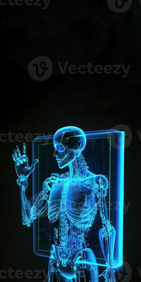 Artificial Intelligence in the form of a Digital Blue Wireframe Body Holographic Screen on Dark Background and Copy Space. photo