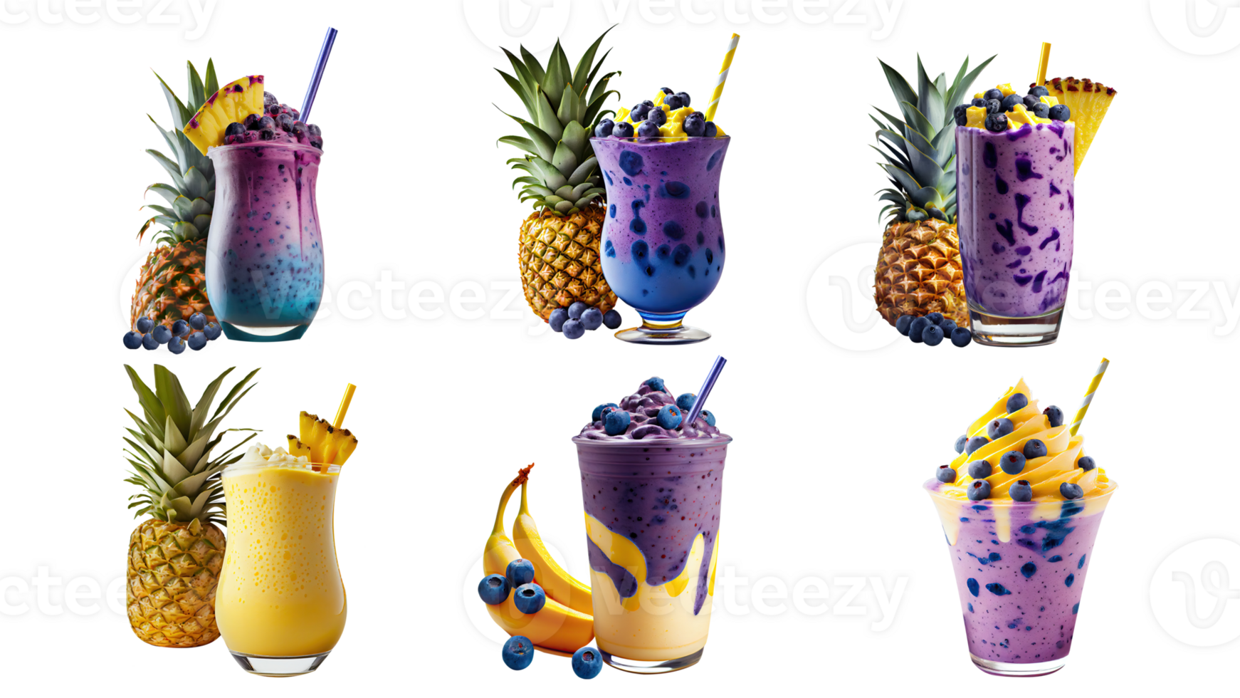 3D Render of Various Flavor Shake Glasses With Fruits Elements On White Background. png