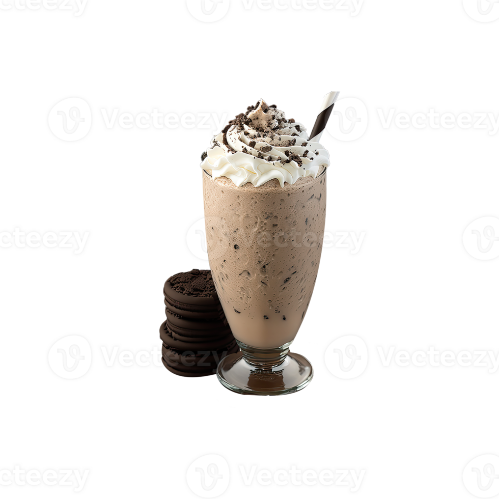 3D Render of Whipped Choco Milkshake Glass And Chocolate Cookies Elements. png