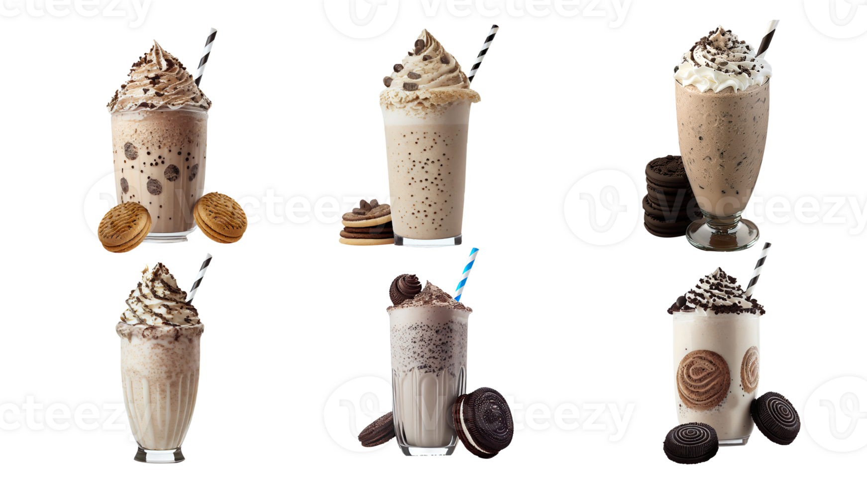 Realistic Six Glasses of Delicious Milkshake With Chocolate Biscuits. 3D Render. png