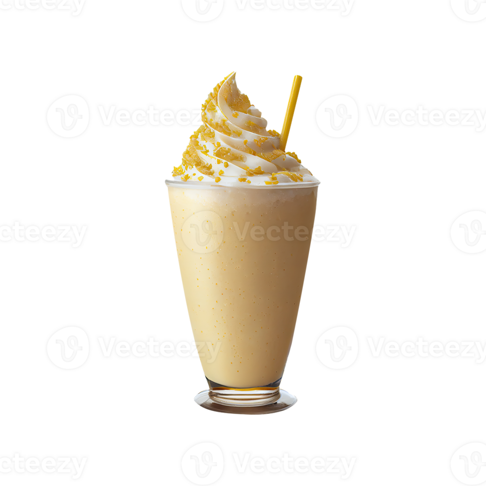 Realistic Glass of Whipped Cream Milkshake With Yellow Crumbs, Straw Element. 3D Render. png