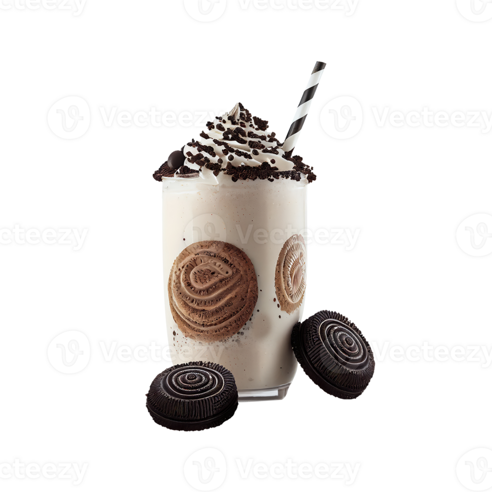 3D Render of Chocolate Milkshake Glass With Stripe Straw, Choco Cookies Elements. png