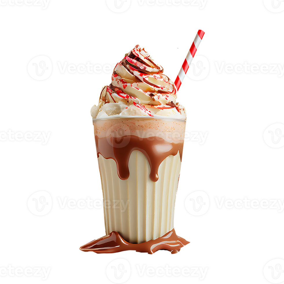 3D Render Glass of Caramel Milkshake With Whipped Cream, Stripe Straw Element. png