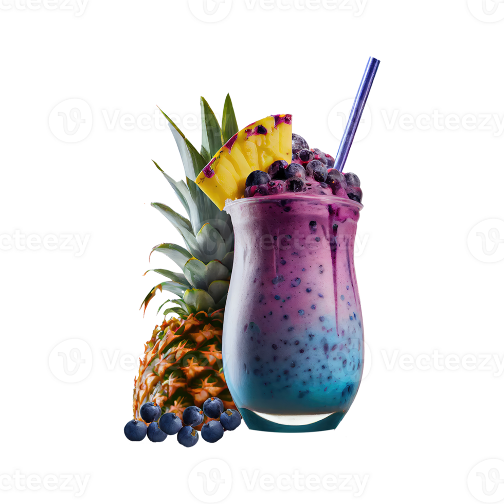 Realistic Blueberry Smoothie Glass With Pineapple Element. 3D Render. png