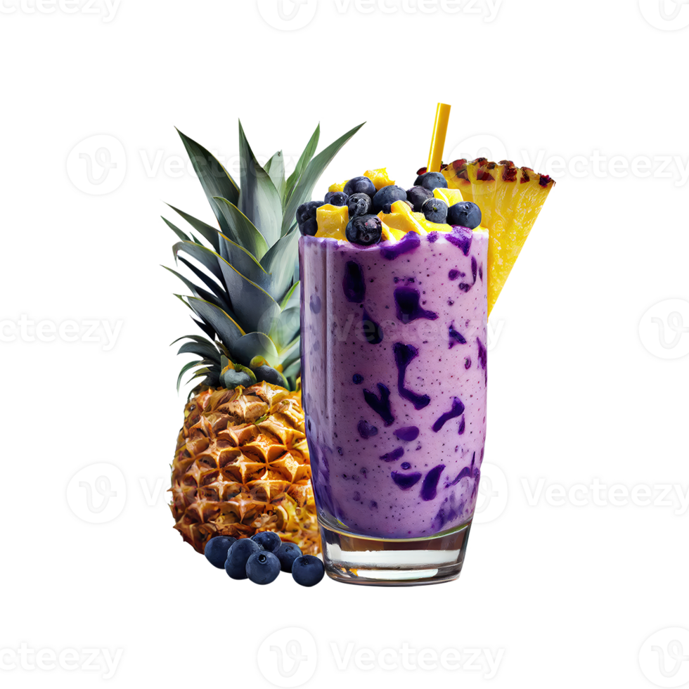 Delicious Shake Glass Decorated With Blueberries, Pineapple Pieces. 3D Render. png