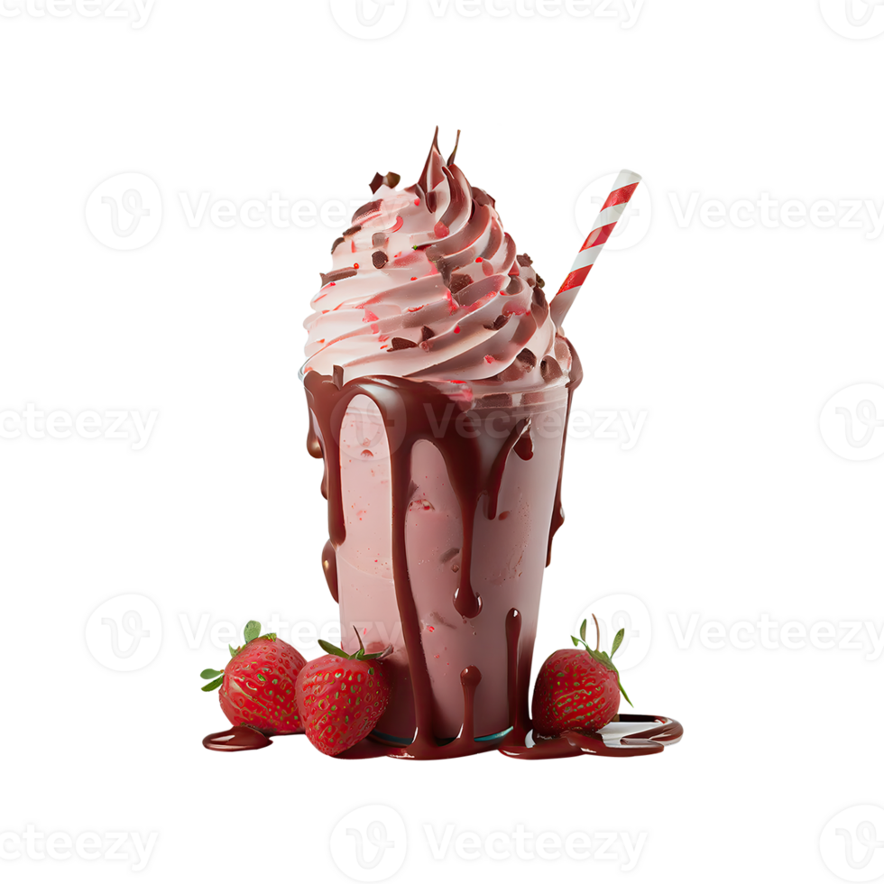 3d rendere, bicchiere di frustato fragola shake con gocciolante caramello elemento. png