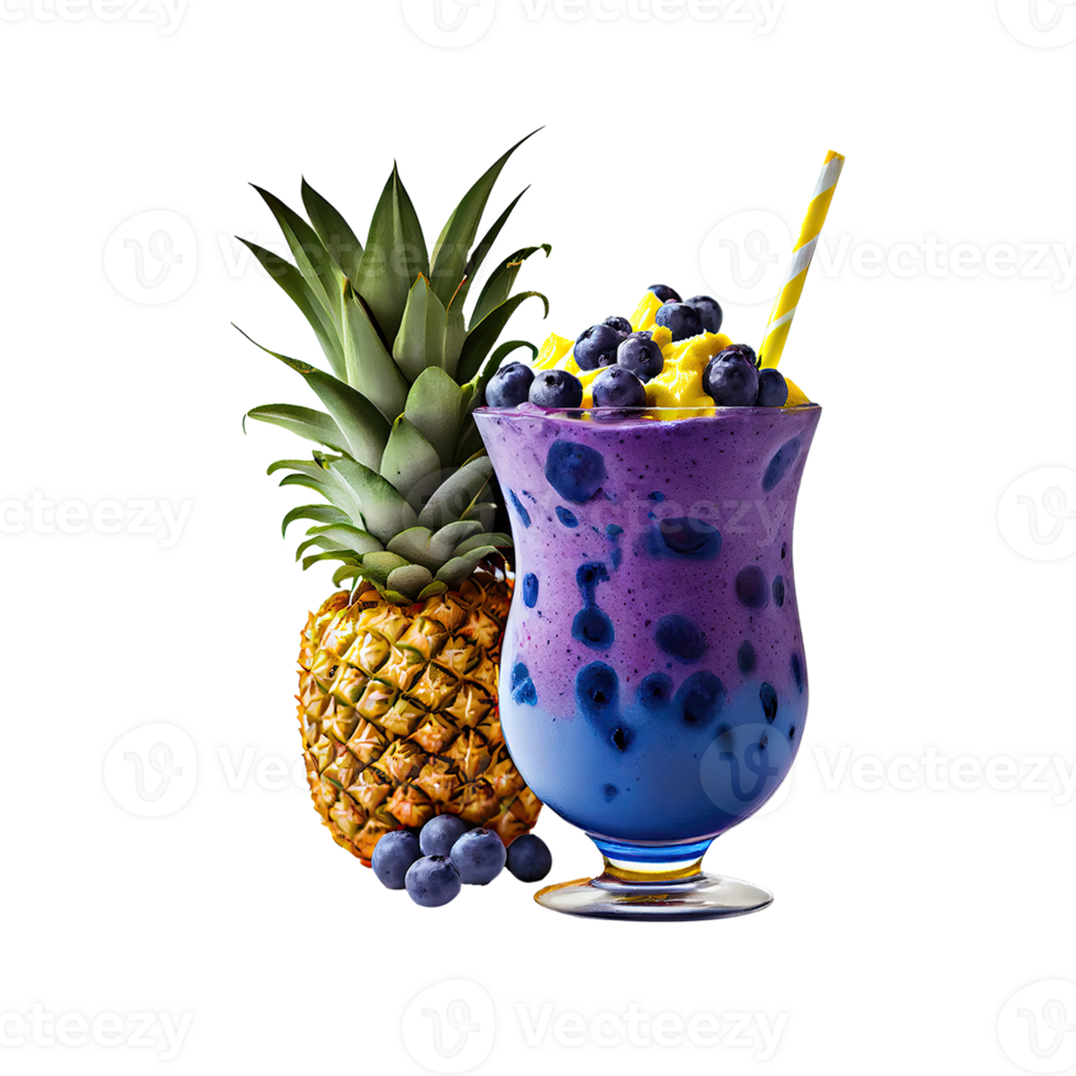 Delicious Blueberry Smoothie, Straw And Pineapple Element. 3D Render. png