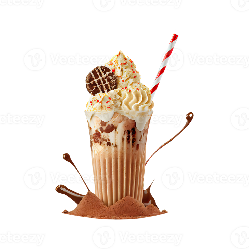 Coffee Milkshake Glass With Whipped Cream, Stripe Straw Element. 3D Rendering. png