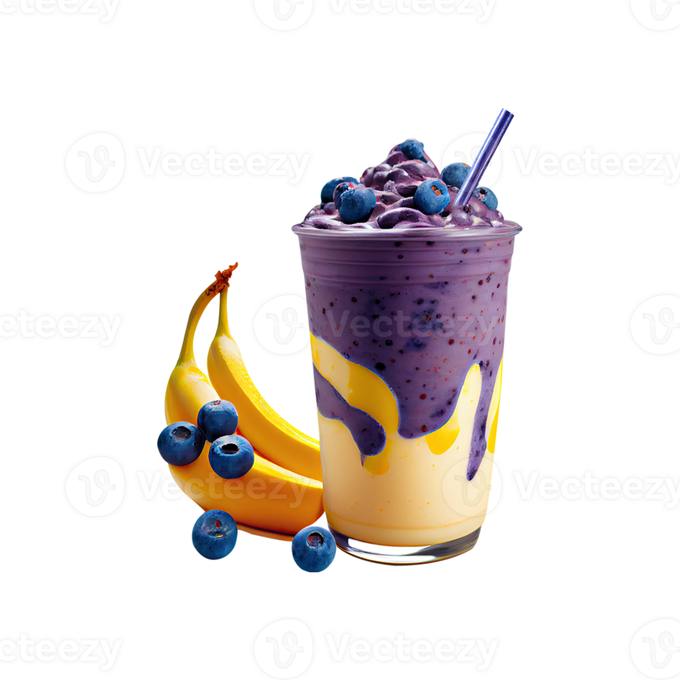 3D Render, Transparency Glass of Banana And Blueberries Smoothie With Straw Element. png