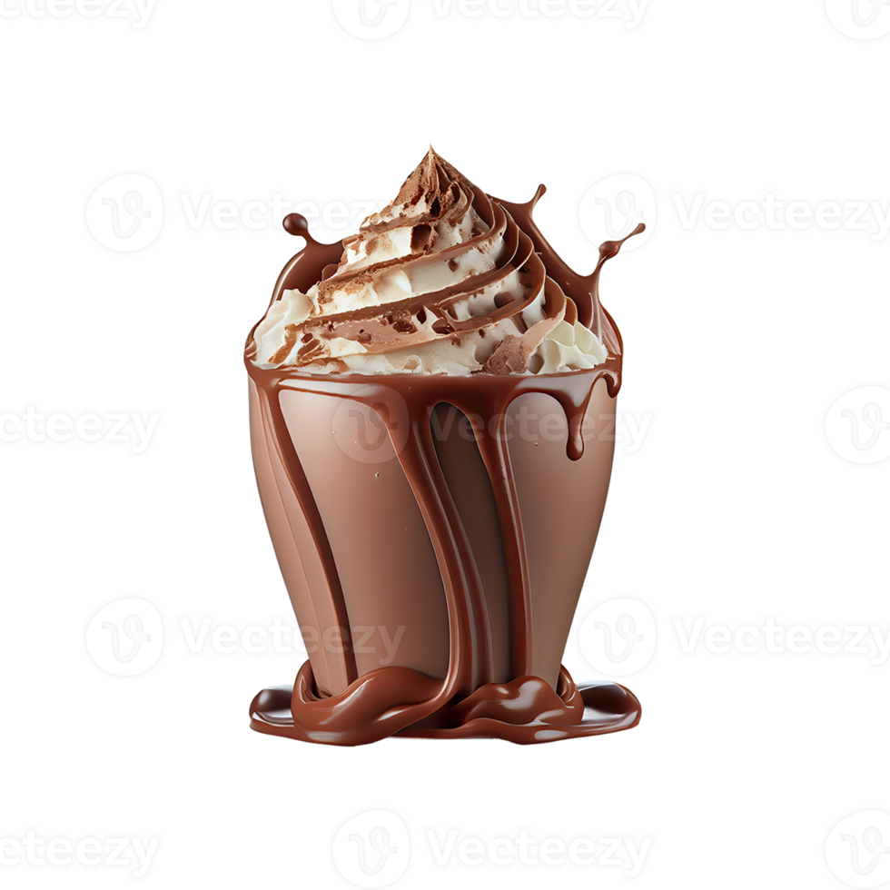 3D Render, Glass of Whipped Brownie Milkshake With Dripping Chocolate Syrup. png
