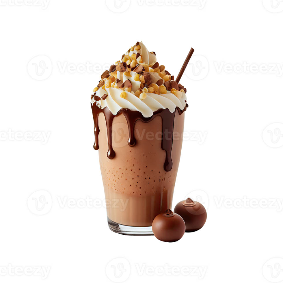 3D Render, Glass of Brownie Milkshake With Dripping Syrup, Choco Balls Element. png