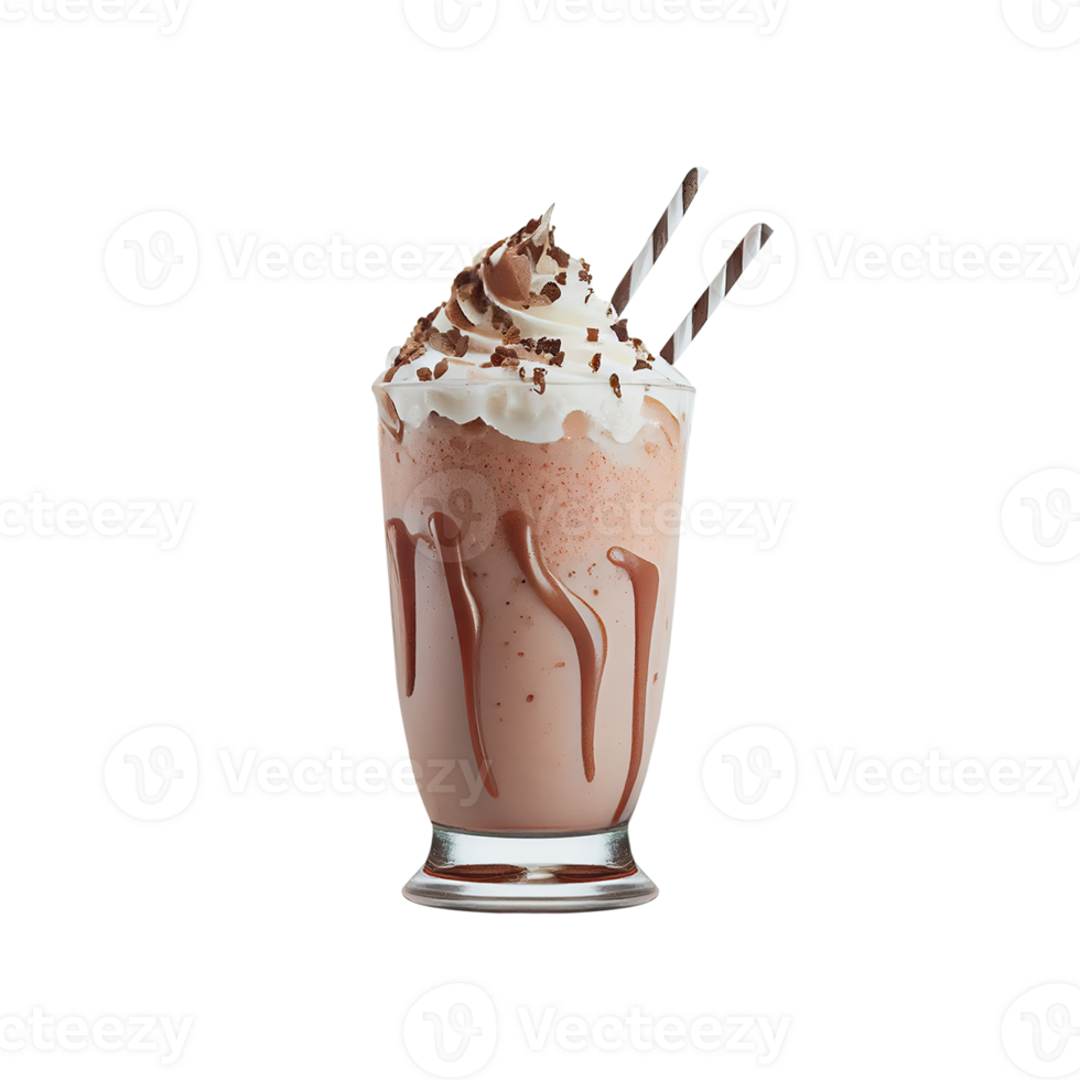 3D Render of Brownie Milkshake Glass With Stripe Choco Wafer Rolls Element. png