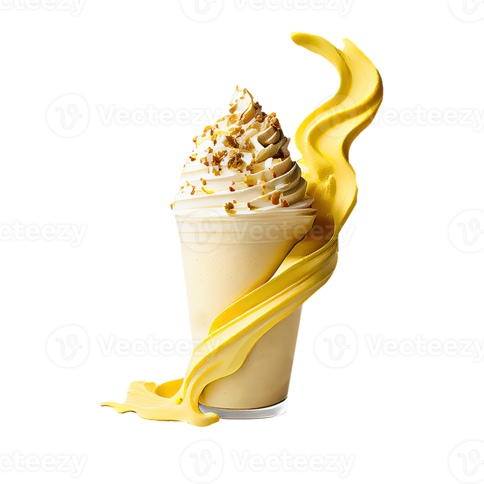 3d renderizar, descartável vidro do açoitado creme milkshake com amarelo abstrato ondulado elemento. png