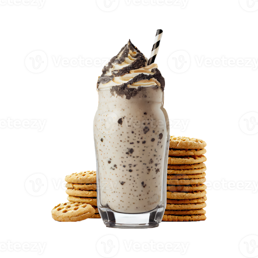 3D Render of Whipped Milkshake Glass With Choco Crumbs And Cookies Elements. png