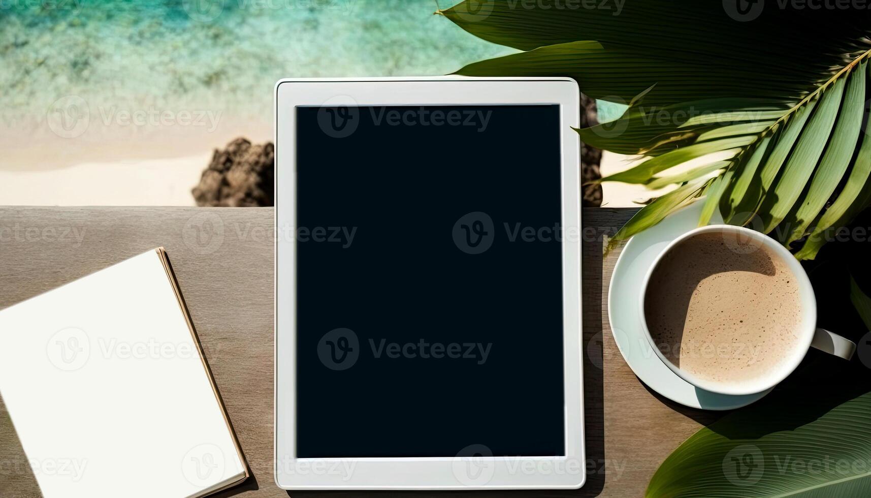 Digital tablet, blank screen mock up with coffee cup, notepad on table. photo