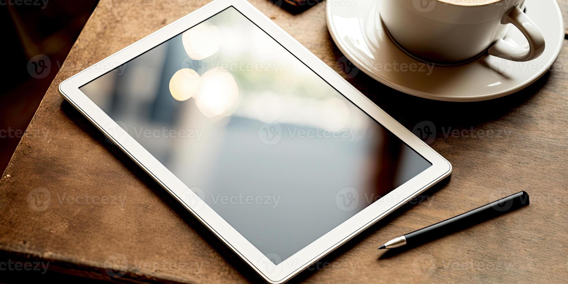 digital tableta, blanco pantalla burlarse de arriba con bolígrafo y café taza en mesa. generativo ai foto