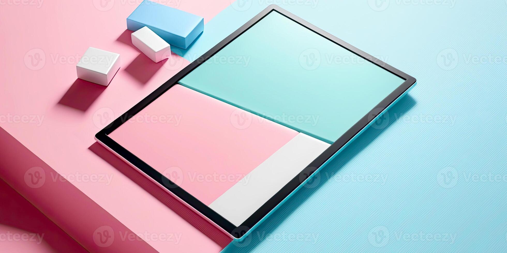 Digital tablet with color block screen mock up on colorful table. photo