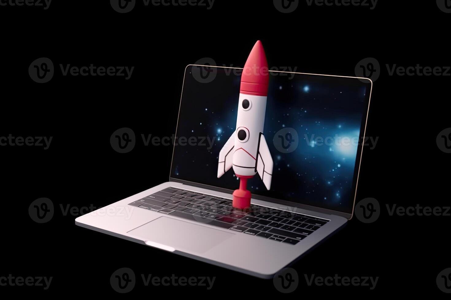 Rocket taking off from laptop screen on top of office desk, successful startup concept, photo