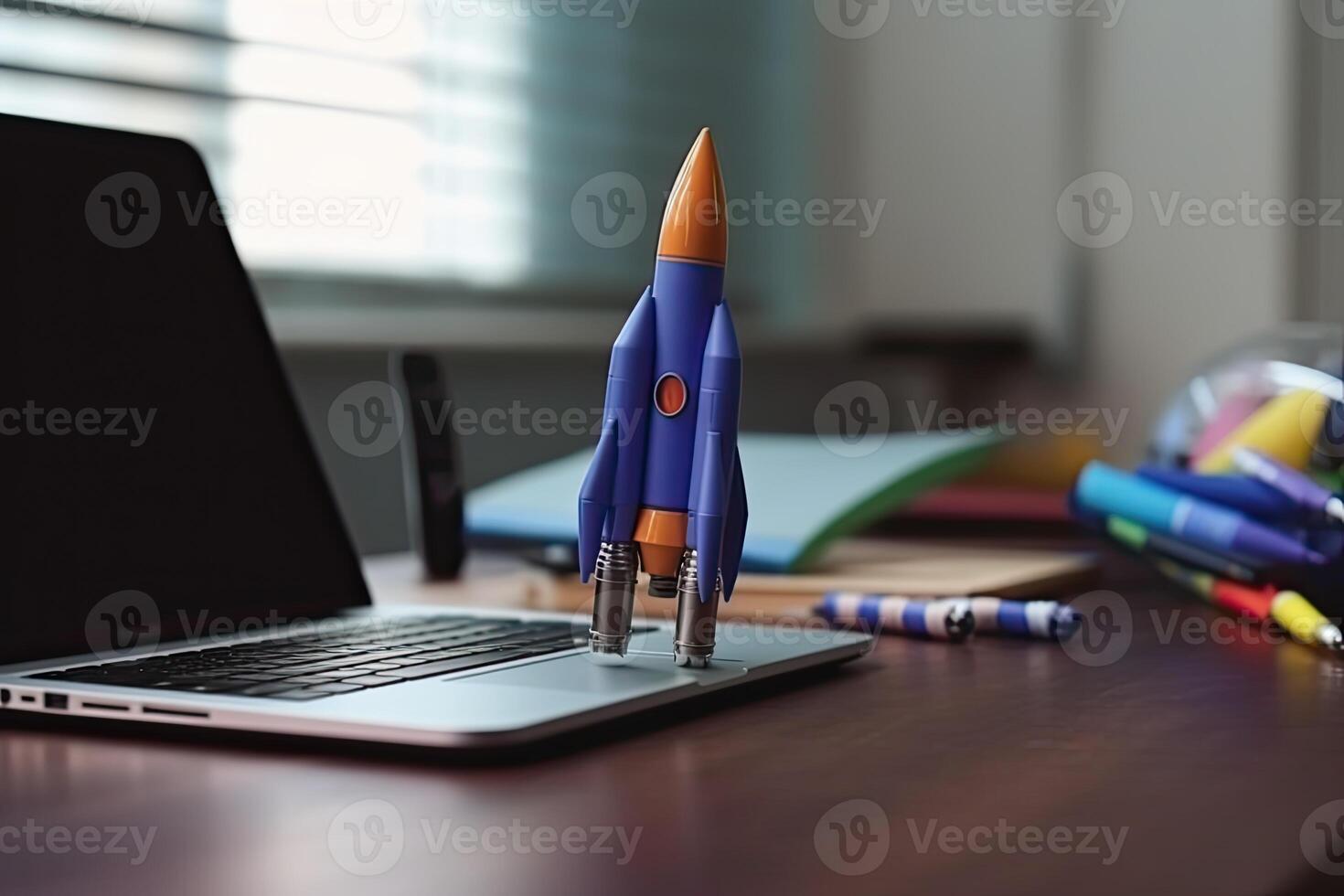 Space shuttle on the table, Launching space rocket from office, . photo