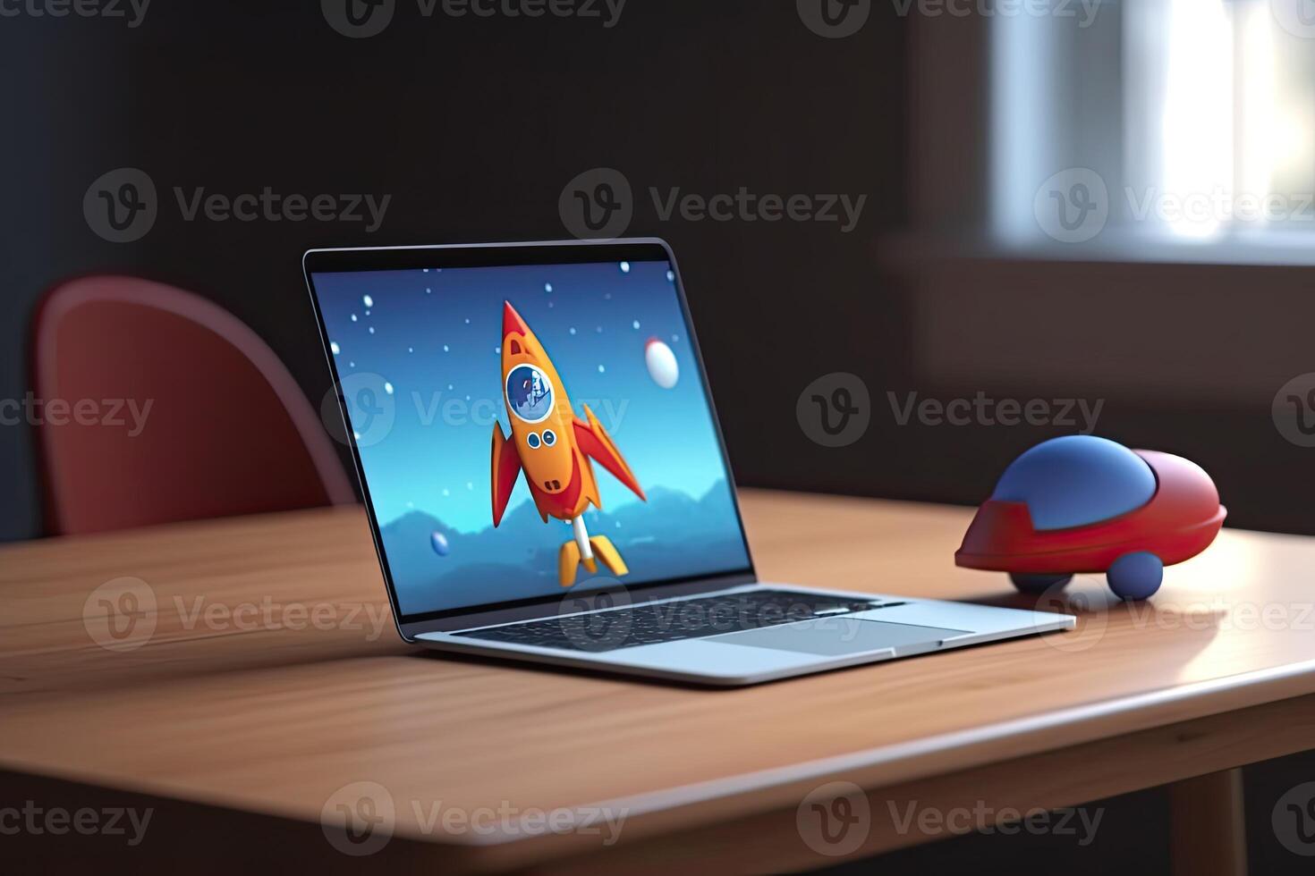 Rocket taking off from laptop screen on top of office desk, successful startup concept, photo