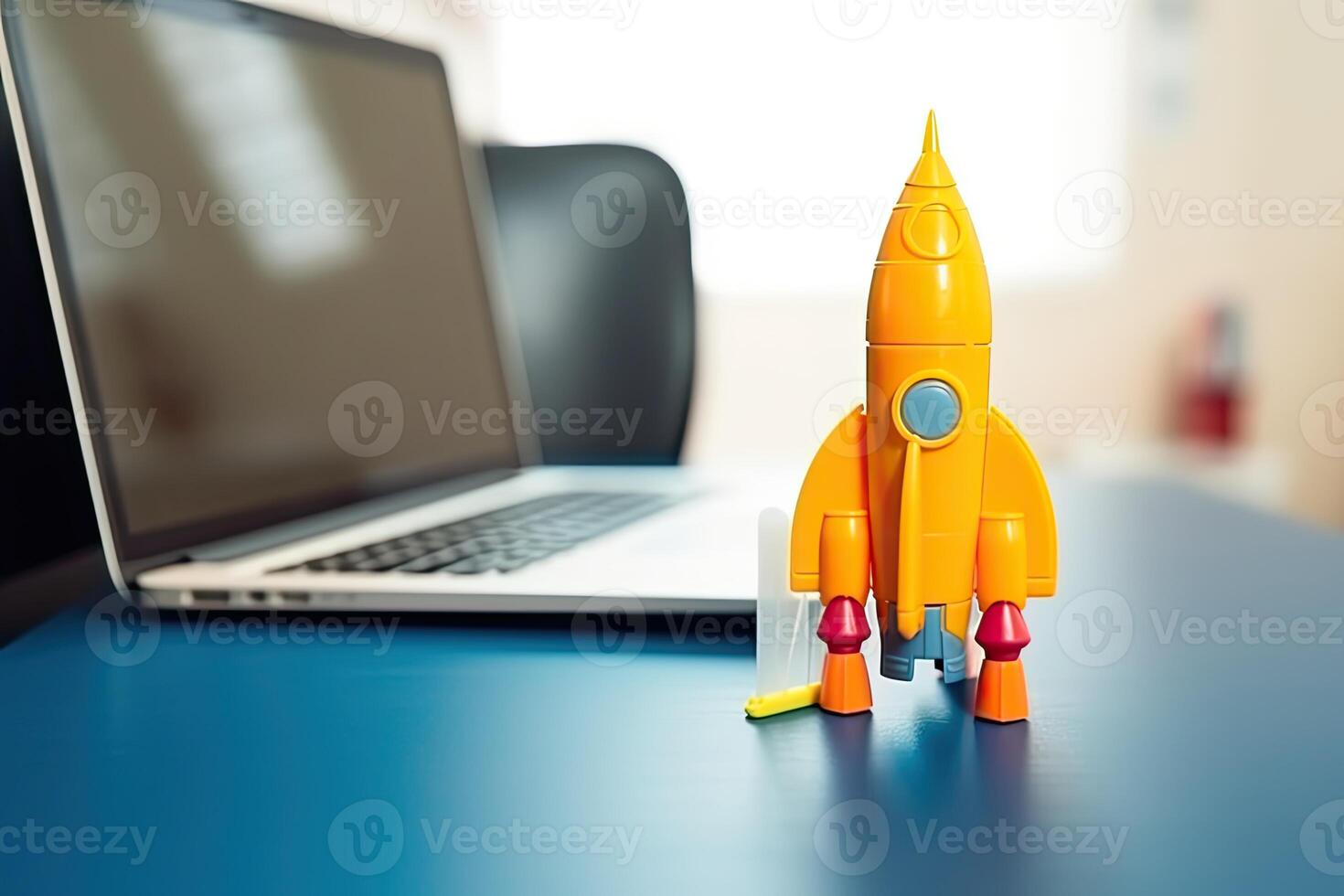 Space shuttle on the table, Launching space rocket from office, . photo