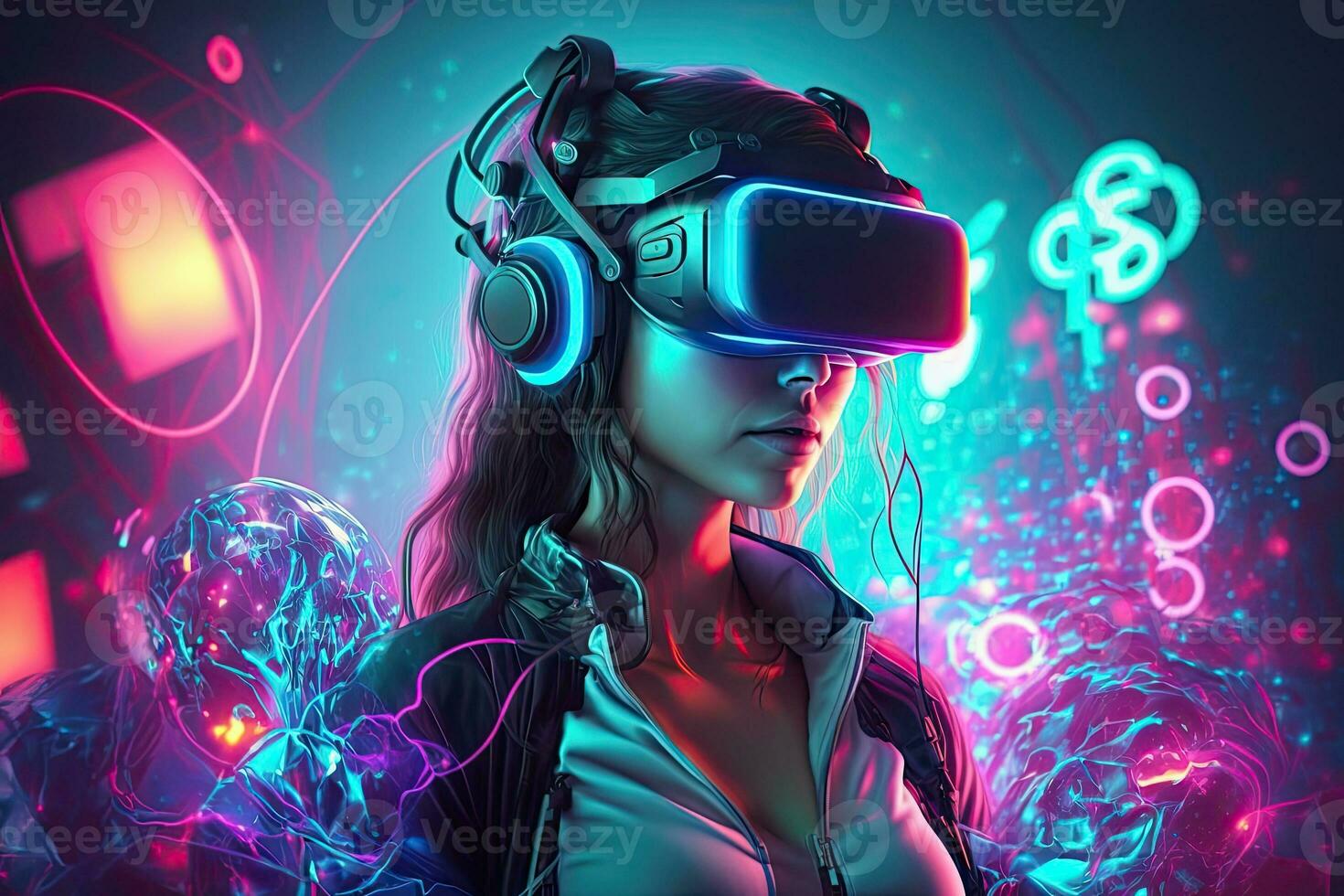 Futuristic woman in virtual reality glasses on the background of a neon city. Cyberpunk, retrowave, synthwave, high definition, art, generative artificial intelligence. photo