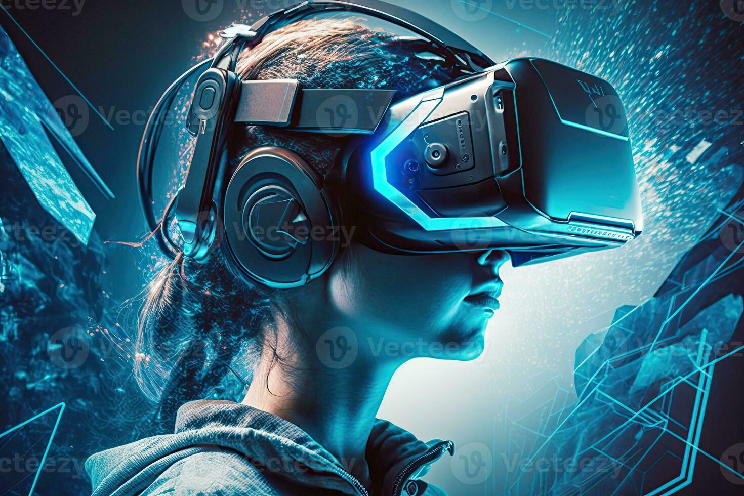 futurista mujer en virtual realidad lentes en el antecedentes de un neón ciudad. ciberpunk, microondas, onda sintetizada, alto definición, arte, generativo artificial inteligencia. foto
