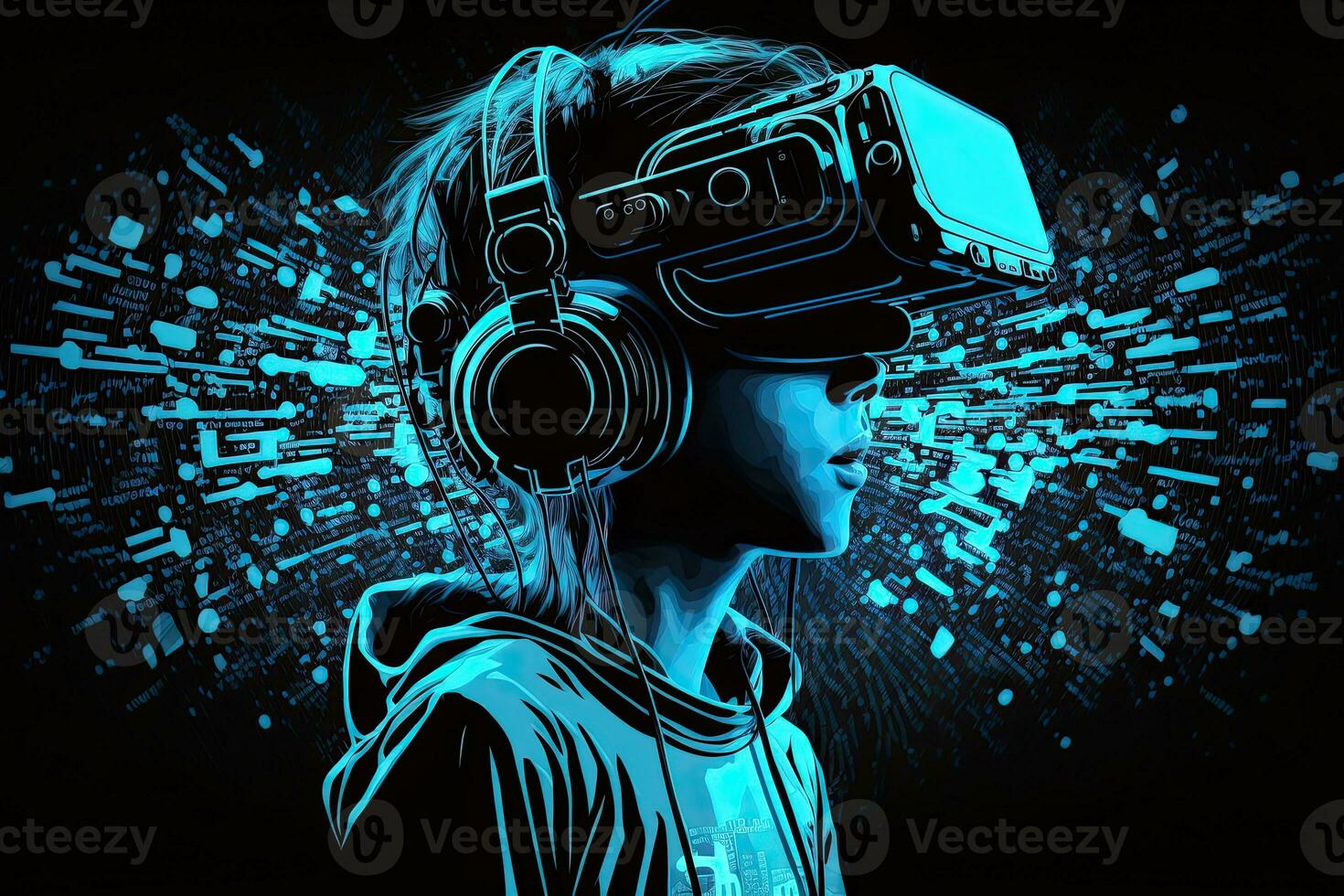 Futuristic woman in virtual reality glasses on the background of a neon city. Cyberpunk, retrowave, synthwave, high definition, art, generative artificial intelligence. photo