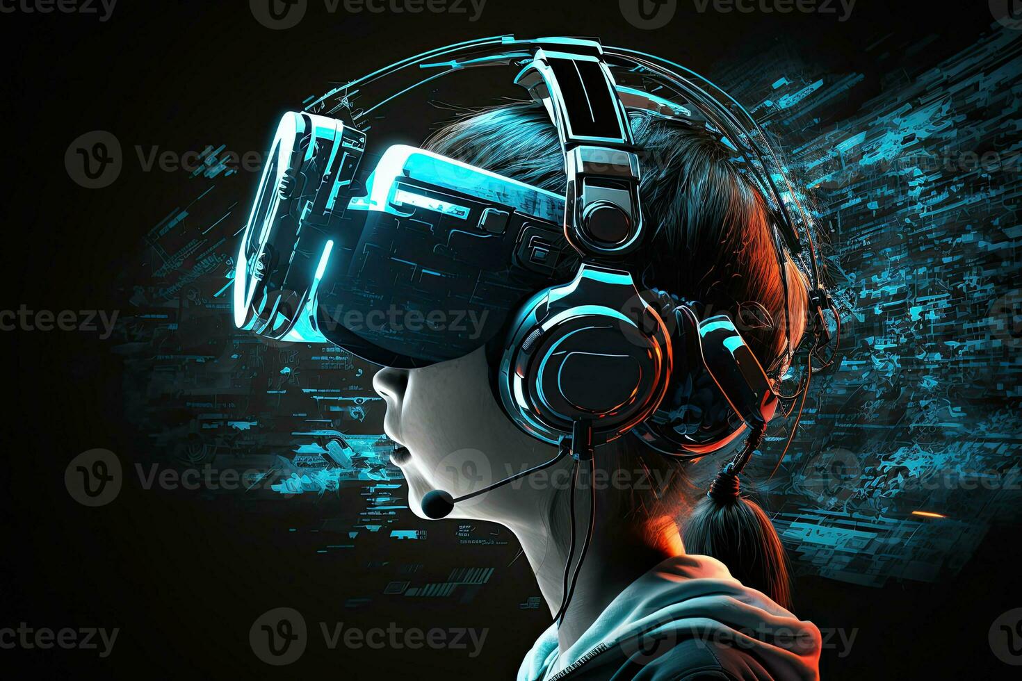 Futuristic woman in virtual reality glasses on the background of a neon city. Cyberpunk, retrowave, synthwave, high definition, art, generative artificial intelligence. photo