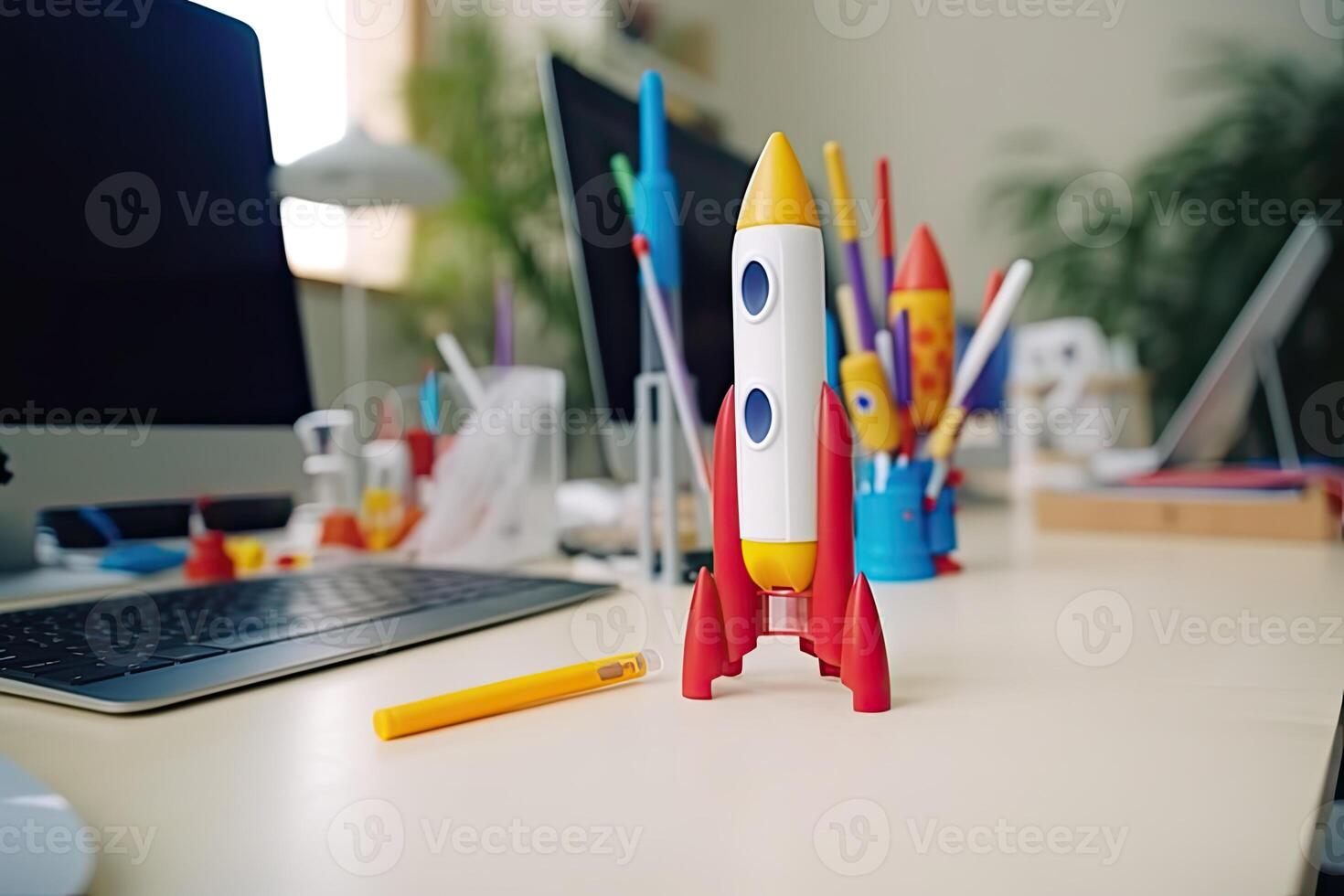 Space shuttle on the table, Launching space rocket from office, . photo