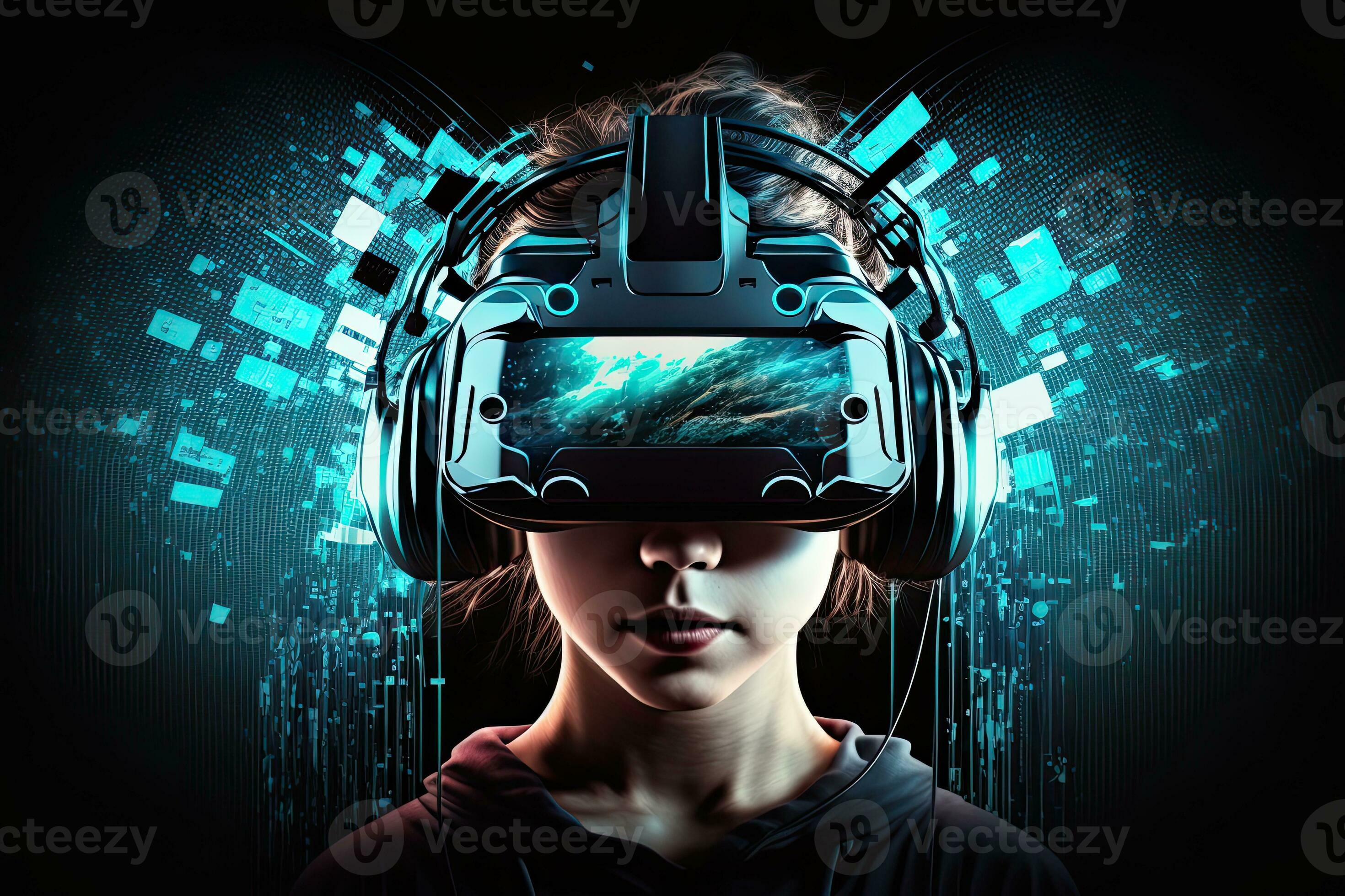 Cyberpunk woman portrait with VR headset in high quality, avatar