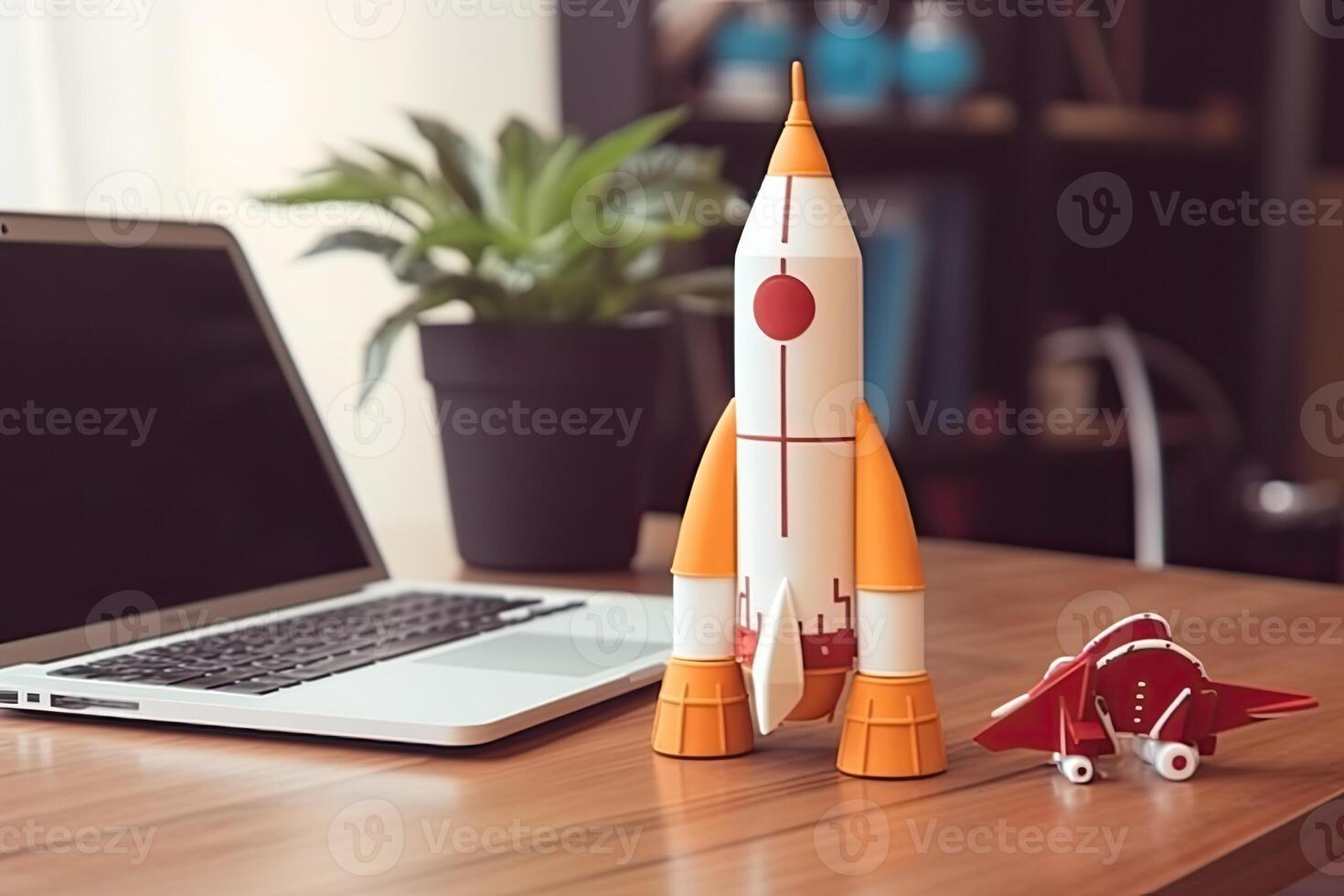 Space shuttle on the table, Launching space rocket from office, . photo