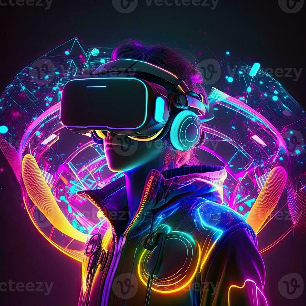 Futuristic man in virtual reality glasses on the background of a neon city. Cyberpunk, retrowave, synthwave, high definition, art, generative artificial intelligence. photo