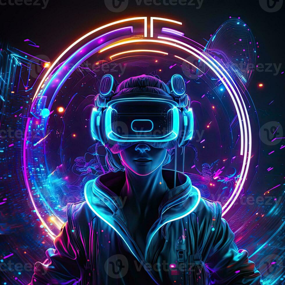 Futuristic woman in virtual reality glasses on the background of a neon city. Cyberpunk, retrowave, synthwave, high definition, art, generative artificial intelligence. photo