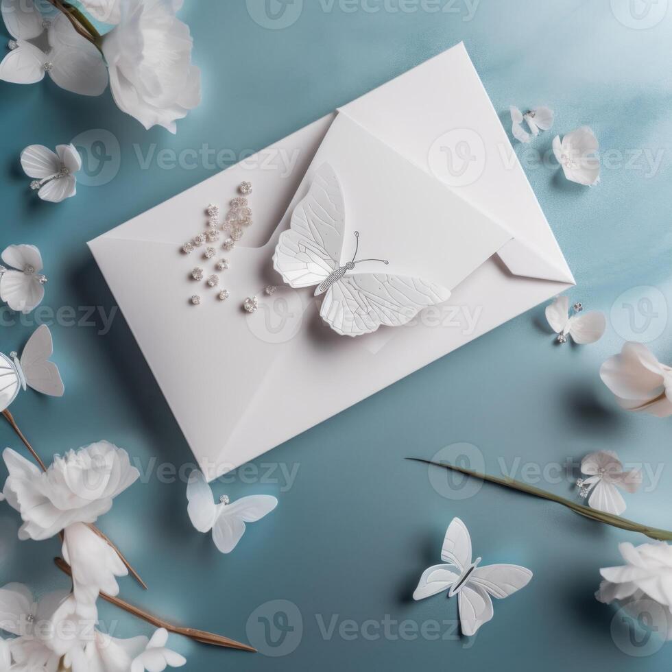 Top view of Unique Wedding Card with White Peony Flowers and Butterfly on Pastel Blue Background. Illustration. photo