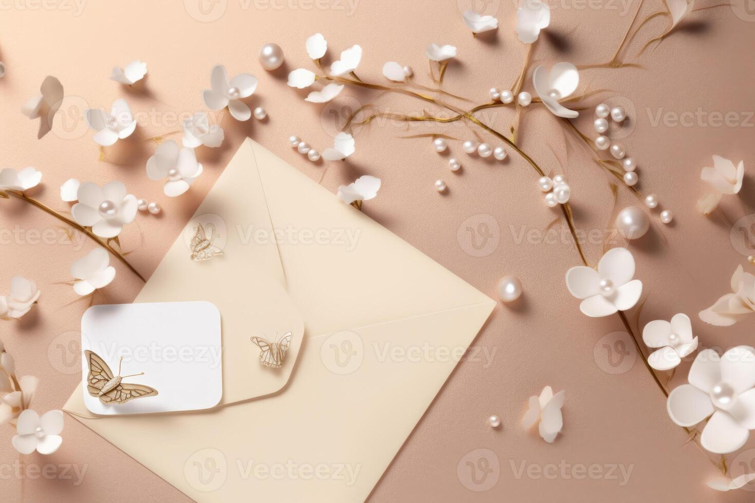 Top View of Unique Invitation Card Envelope with White Flowers and Butterfly on Pastel Pink Background. Illustration. photo