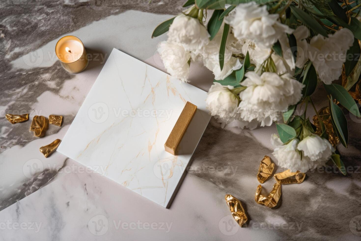 Top View of Luxury Shiny Beige Wedding Card, Box Mockup on Gey Background. Illustration. photo