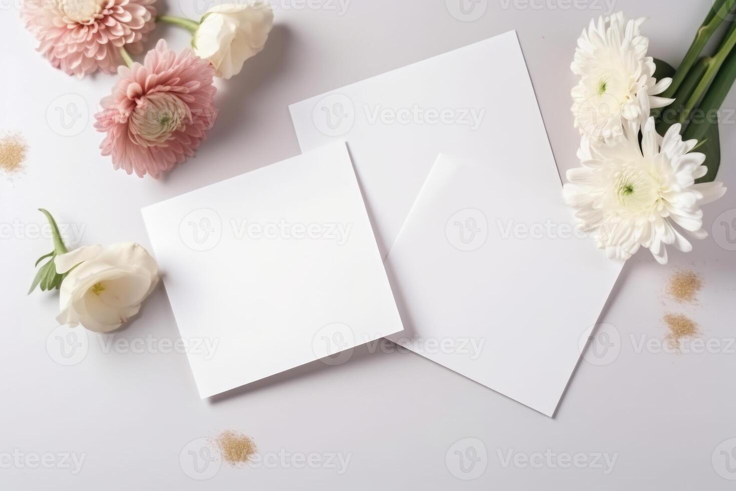 Top VIew of Blank Card or Paper Mockup with Pink And White Flowers on Background. Illustration. photo