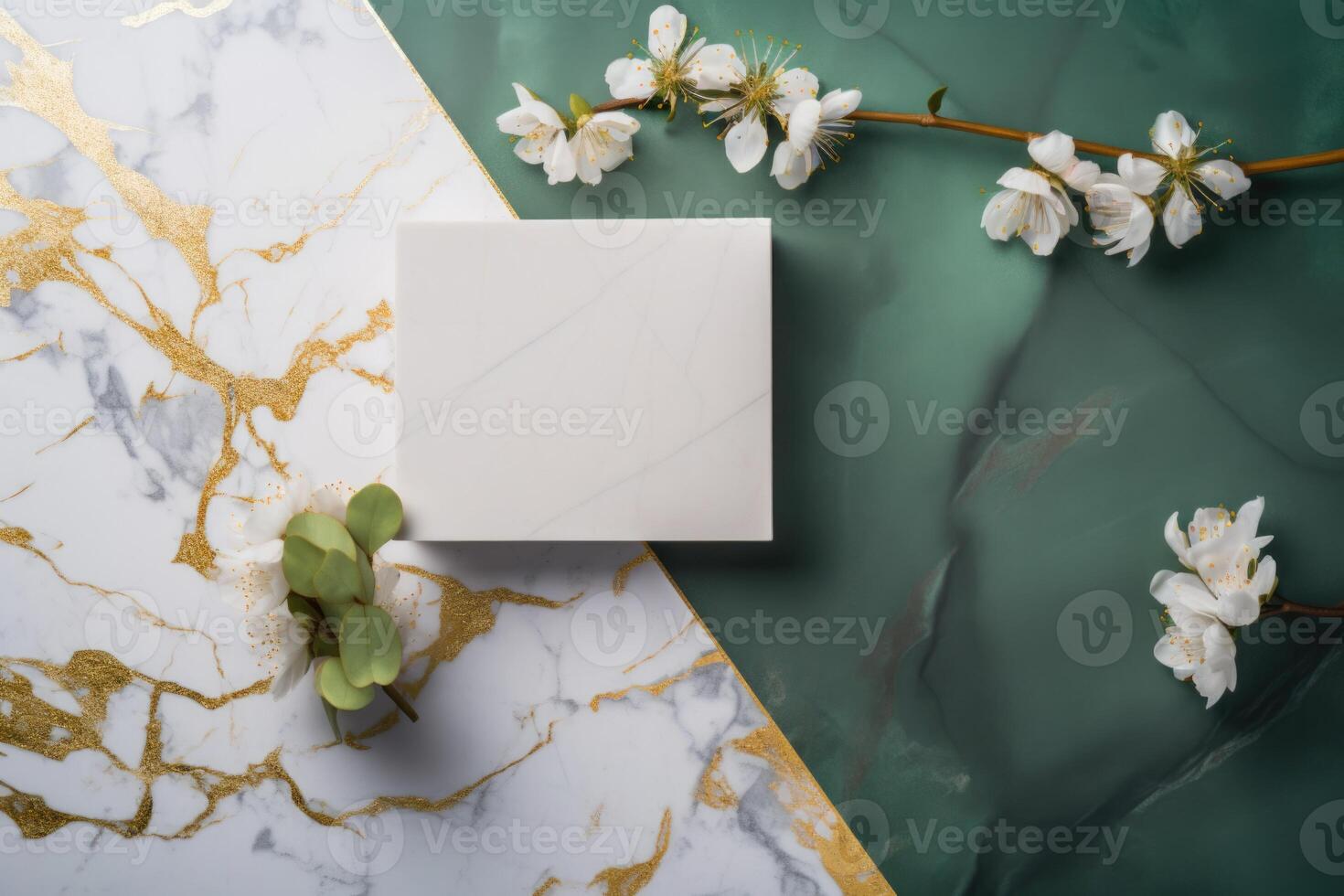 Top View of Blank Paper, Card Mockup with Cherry Flower Branch on Green and White Marble Background. Illustration. photo