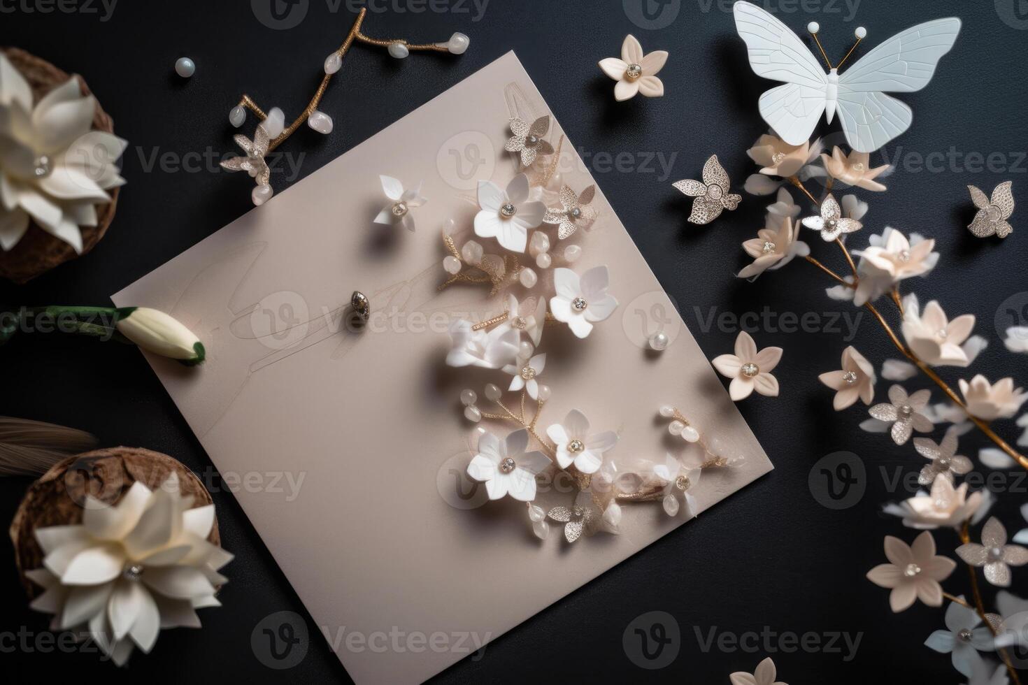 Top View of Unique Invitation Card with Flowers and Butterfly on Dark Background. Illustration. photo