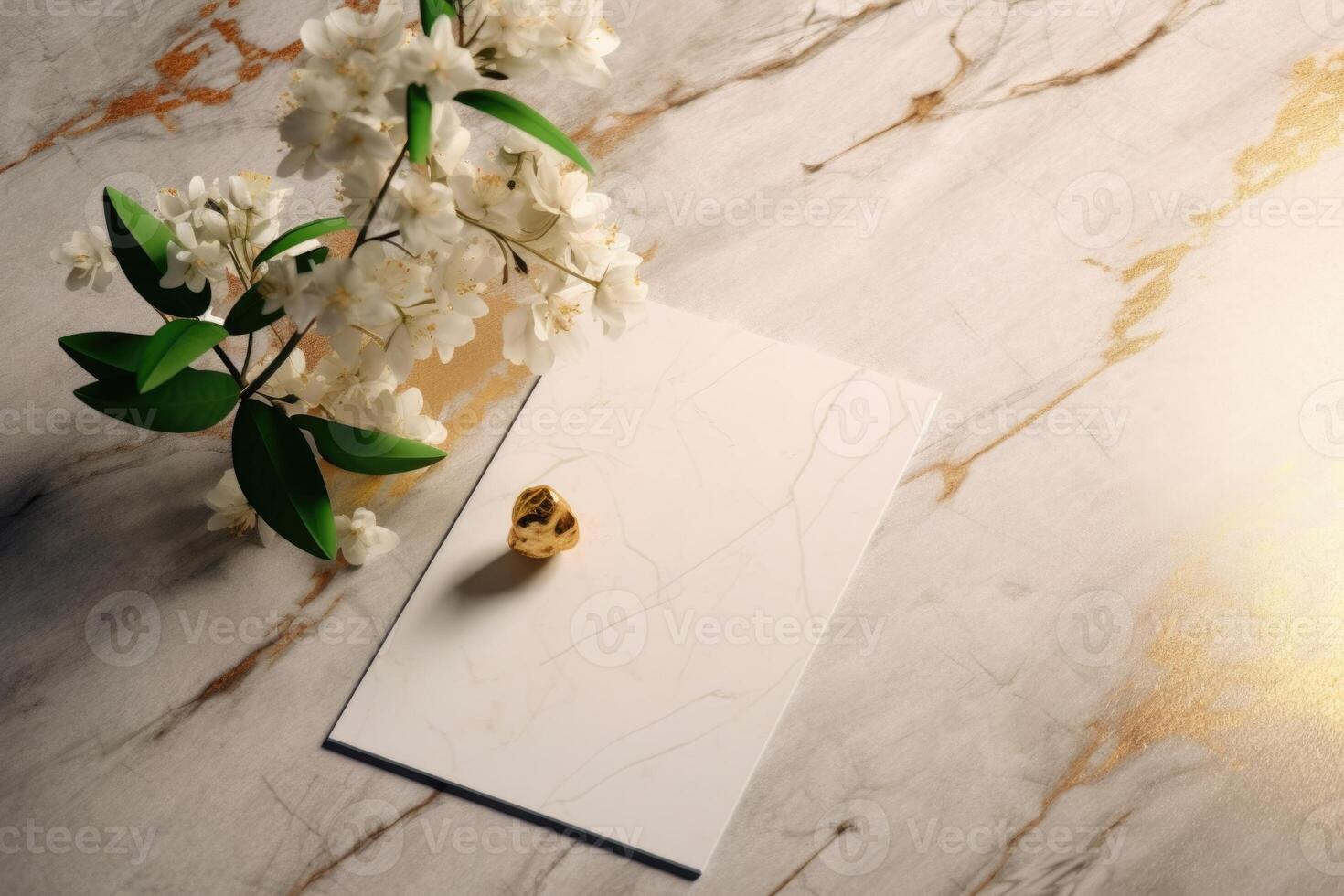 Top View of Blank Card Mockup with Cherry Flower Branch on Beige Marble Background. Illustration. photo