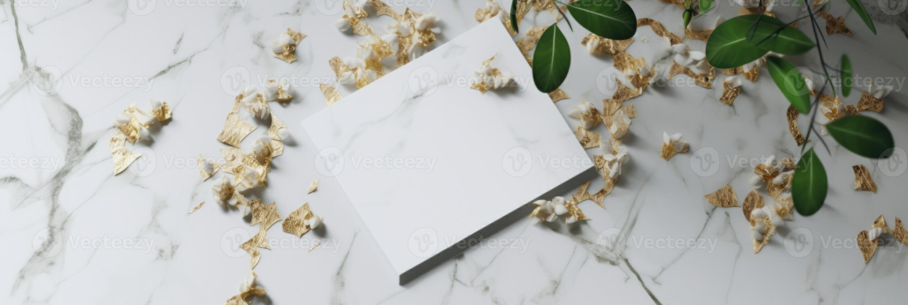 Top View of Blank Paper, Card Mockup with Flowers, Leaves on Marble Background. Illustration. photo