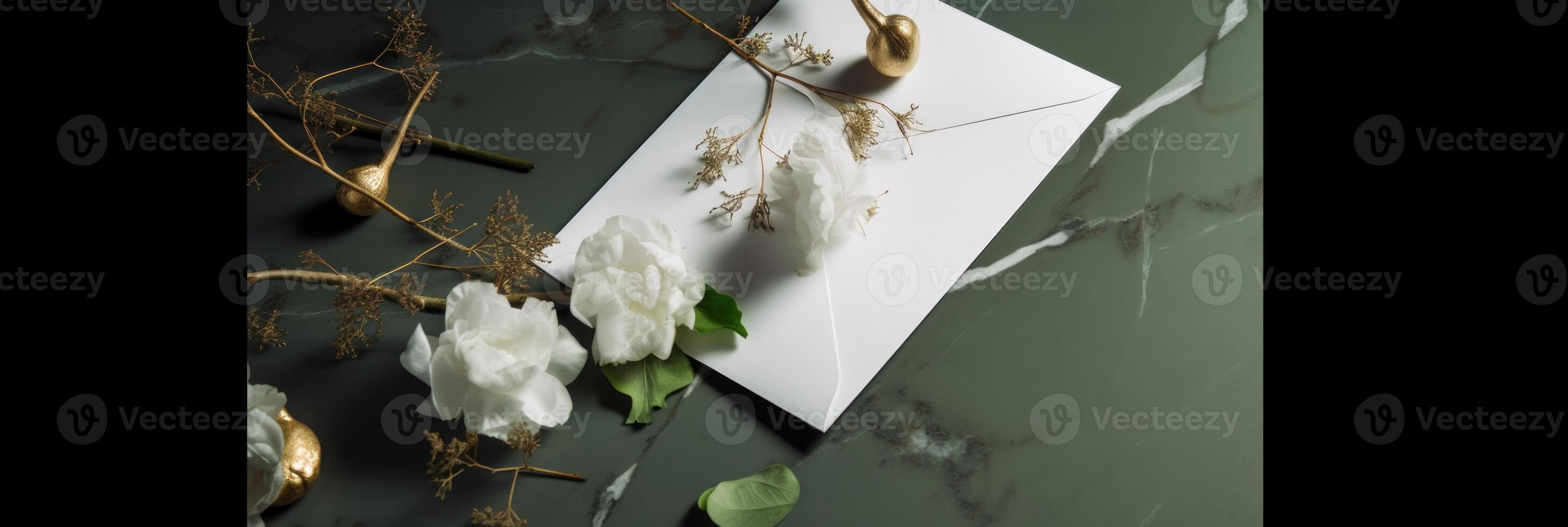 Top View of White Invitation Card Envelope with Peony Flower on Green and Black Marble Background. Mock up Banner for Design or product placement created using . photo