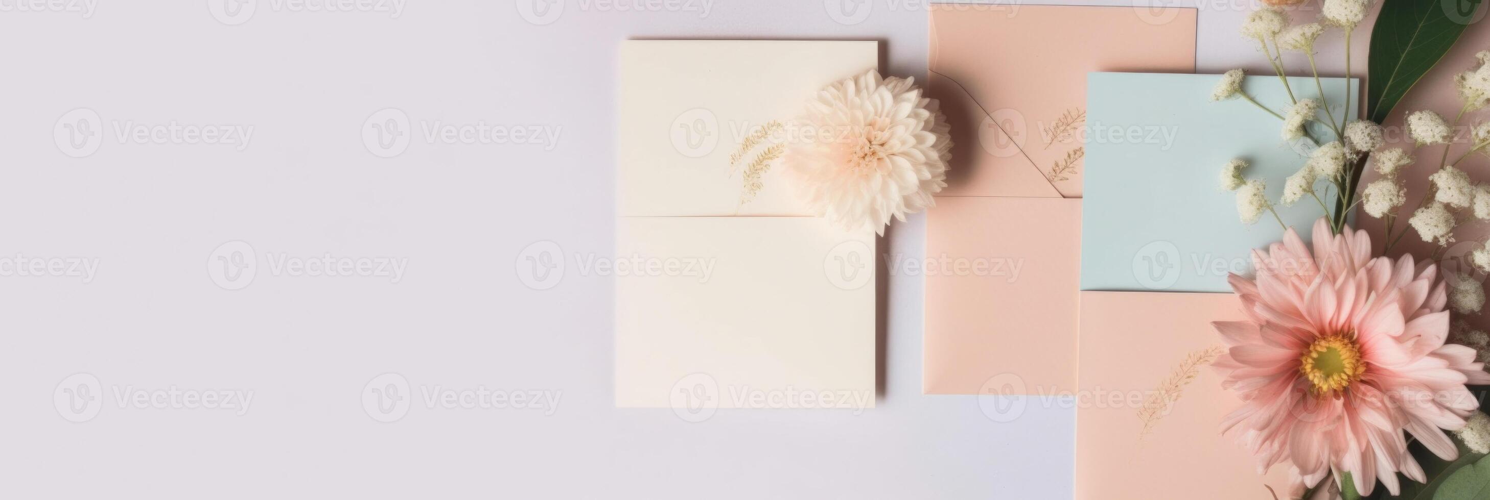 Top VIew of Blank Invitation Card, Wild Flowers on Background. Mock up Banner for Design or product placement created using . photo
